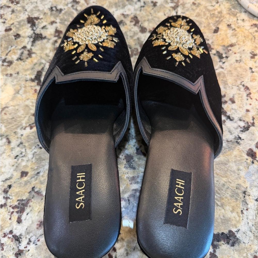SAACHI Black Slip-On Mules with Gold Bead Floral Embellishment